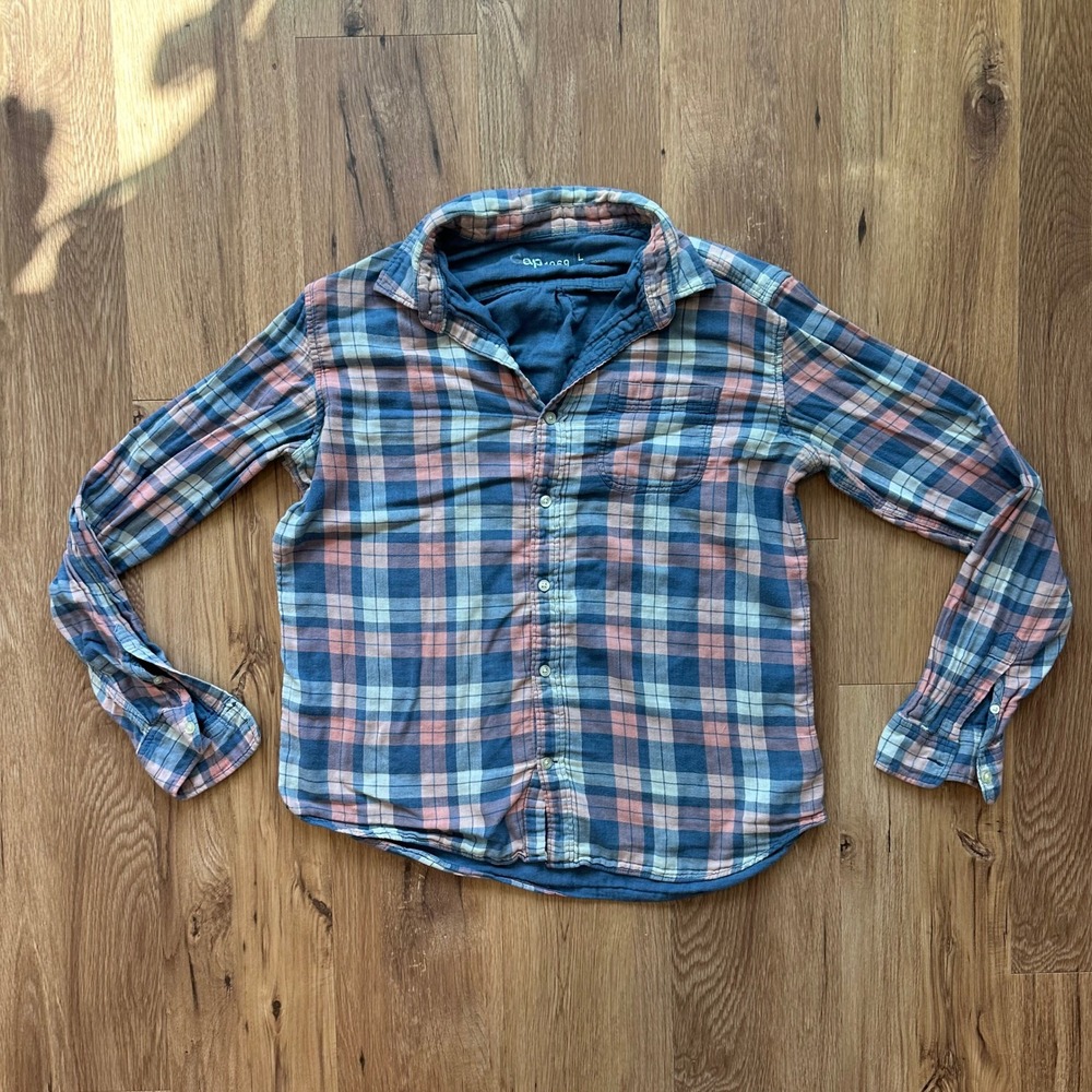 Gap 1969 Mens Large Plaid Flannel Double Layer Shirt Blue Pink Lined Button Down